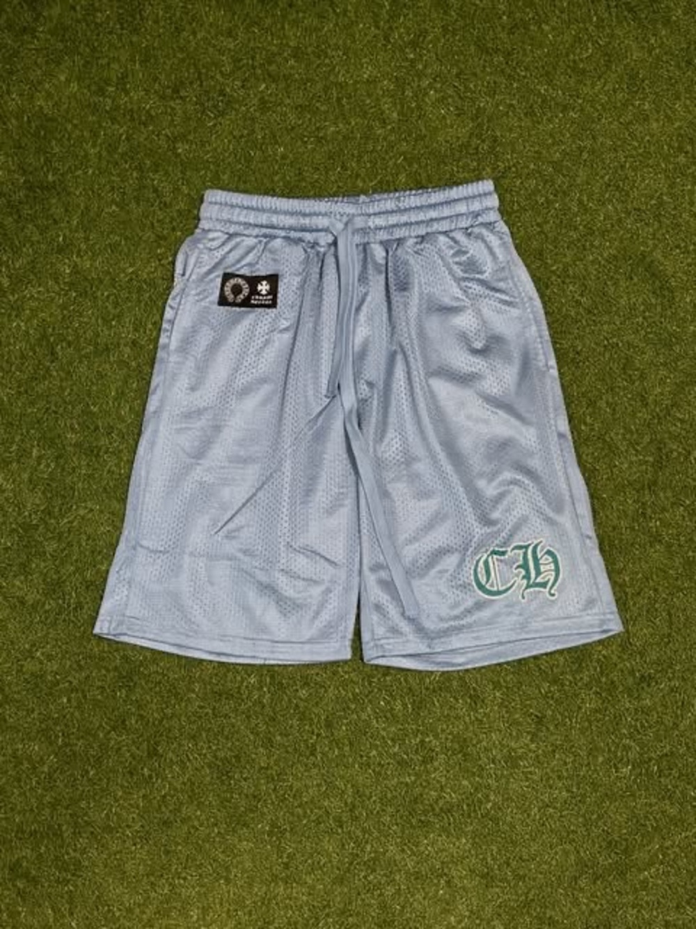 Chrome Hearts Light Blue Mesh Athletic Shorts with Green CH Accent